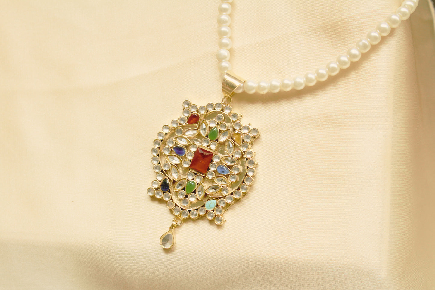 Traditional Pearl Maala with Multicolor Kundan Pendant