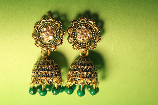 Green Ethnic Jhumki with Stone