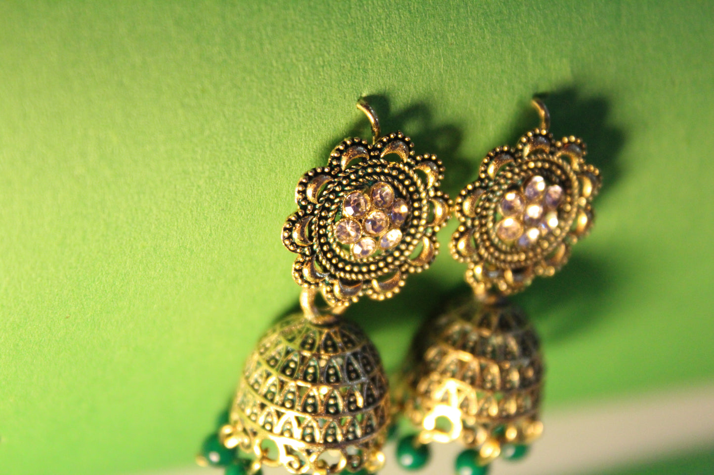 Green Ethnic Jhumki with Stone