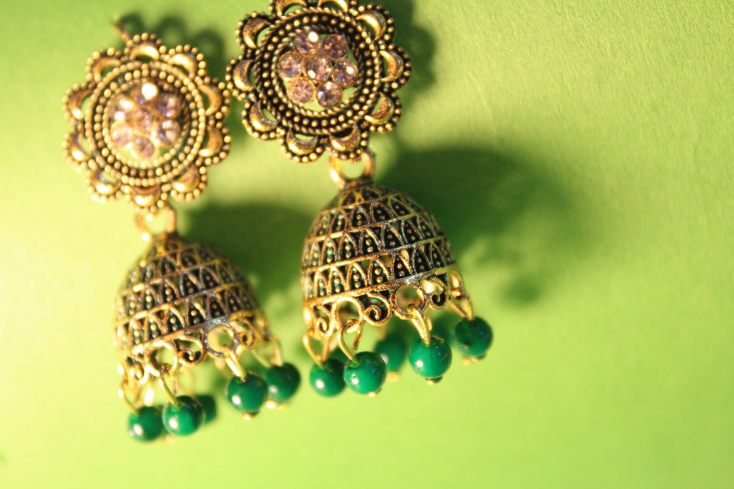 Green Ethnic Jhumki with Stone