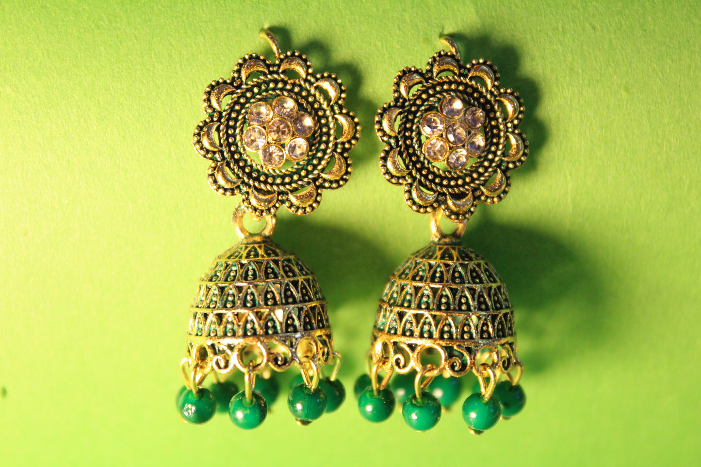 Green Ethnic Jhumki with Stone