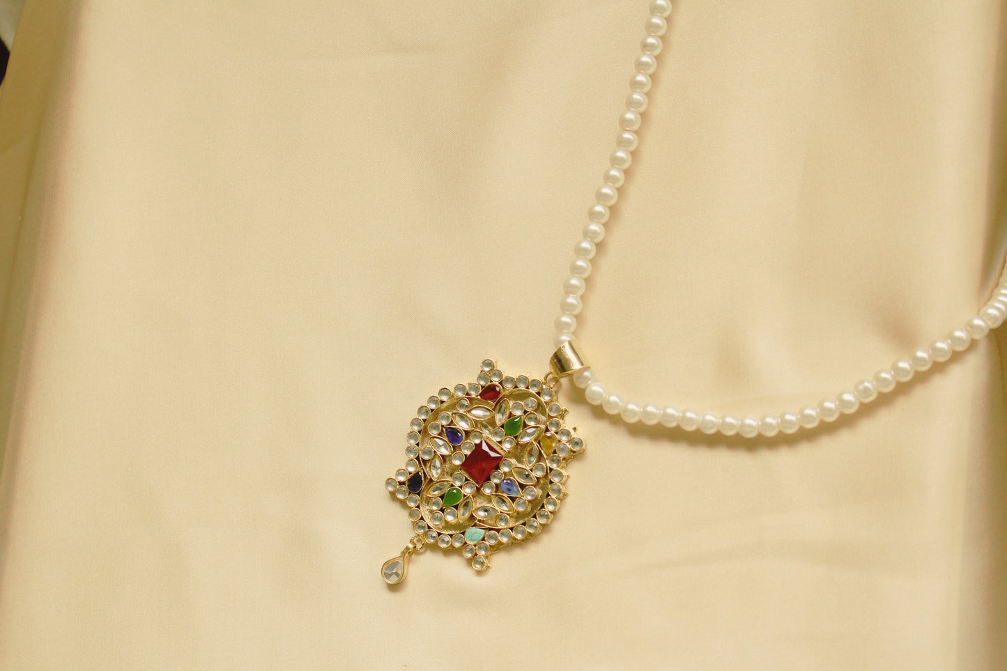 Traditional Pearl Maala with Multicolor Kundan Pendant