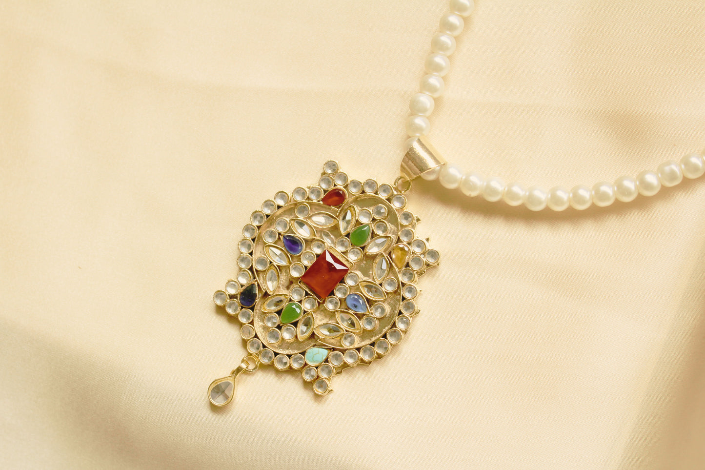 Traditional Pearl Maala with Multicolor Kundan Pendant