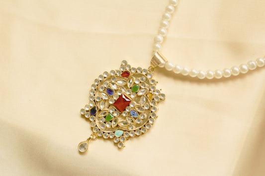 Traditional Pearl Maala with Multicolor Kundan Pendant