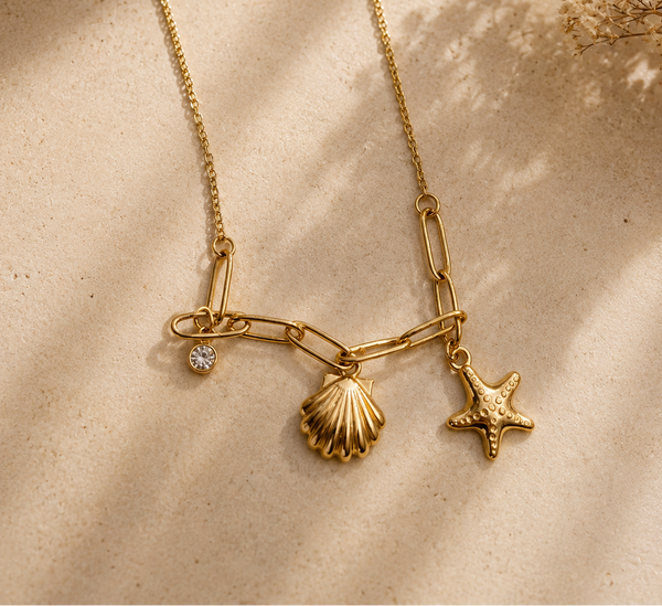 Golden SeaShell & Starfish Pendent